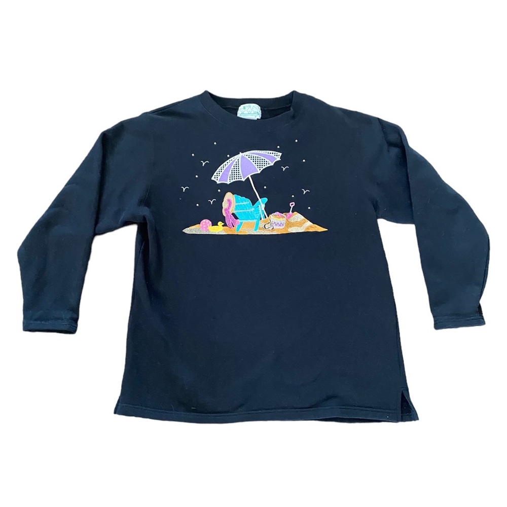 Quacker Factory Embroidered Beach Day Black Sweatshirt